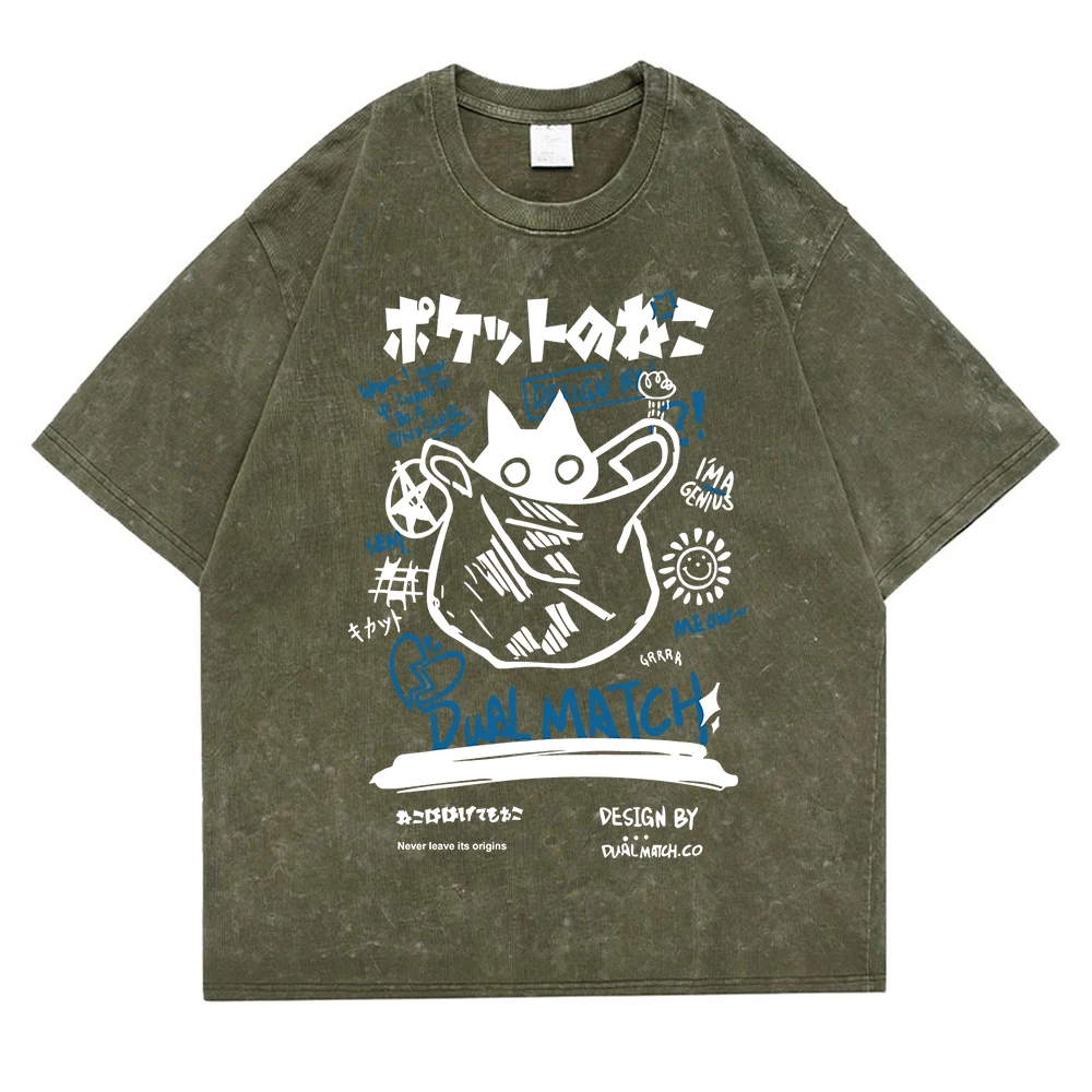 Introverted Pocket Cat Printing Washed Retro Snow T-Shirt Men Clothes Loose Tee Cotton Street Tshirt Hip Hop Oversize T Shirts