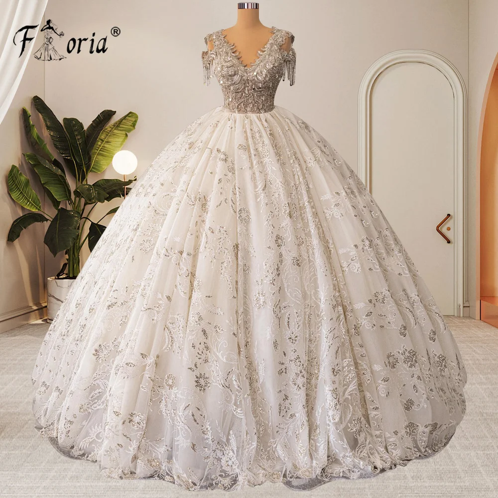 Luxury Dubai Ball Gown Wedding Dress V Neck Princess Tassel Lace Appliques Woman Bridal Gowns 3D Floral Elegant Bespoke Dress