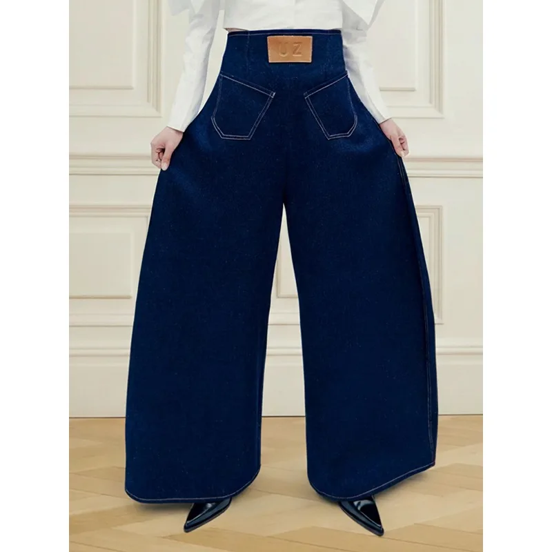 Tinaa Vintage Niebieskie Damskie Jeansy 2026 Stylowe Spodnie Biurowe z Naszytymi Skórzanymi Wstawkami, Skośne Kieszenie, Zamek z Tyłu w Talii, Luźne Spodnie Denimowe 193619