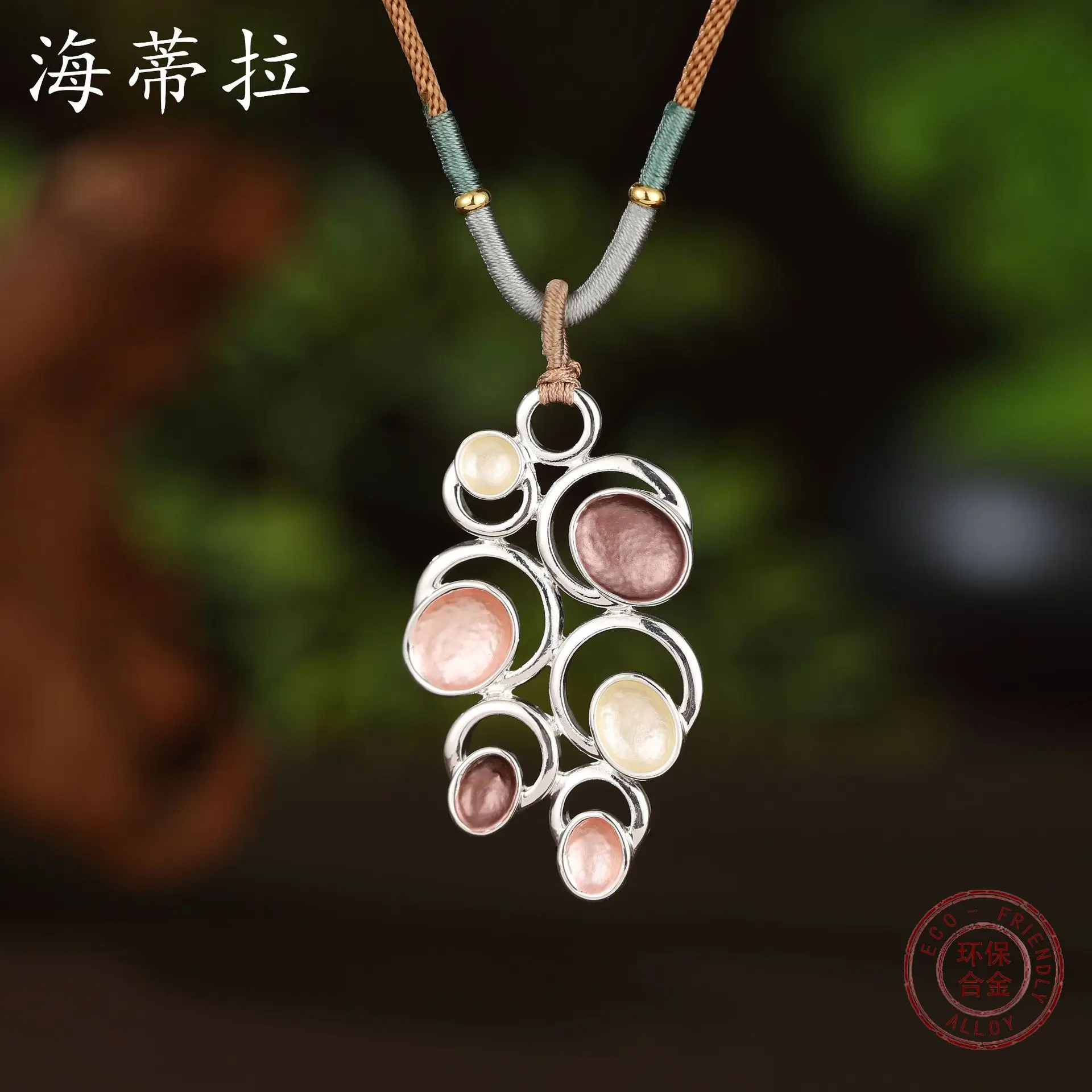 new color painting oil hollow round flower woven rope long pendant, women's retro versatile long necklace