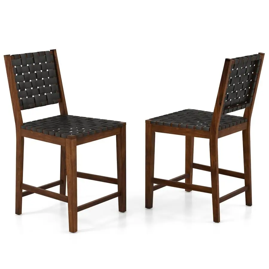 

24 Inch Woven Bar Stools Set of 2, Counter Height Bar Chairs with High Backrest, Footrest, Farmhouse Faux Leather Barstools for