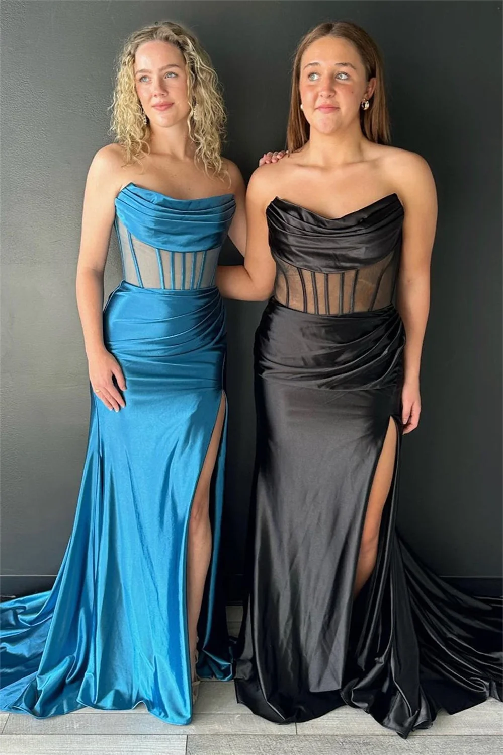 Sansa Strapless Satin Prom Dress Pleats Sleeveless Vestidos De Fiesta Sexy Side High Split Mermaid Cut-out Evening Dress 2024