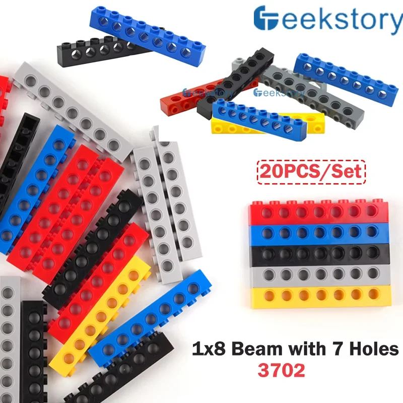 

20PCS 1x8 Beam with 7 Holes Technology Building Blocks Parts 3702 Perforated Assembly DIY Toy MOC Bricks Replacement Accessories