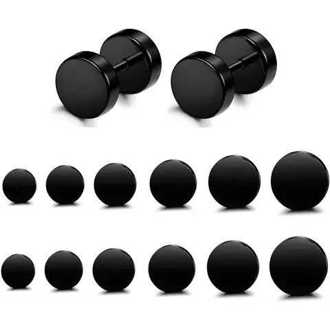 6 Pairs Stainless Steel Black Stud Earrings for Men Women Faux Gauges Ear Tunnel Fake Gauge Earrings 3-8mm
