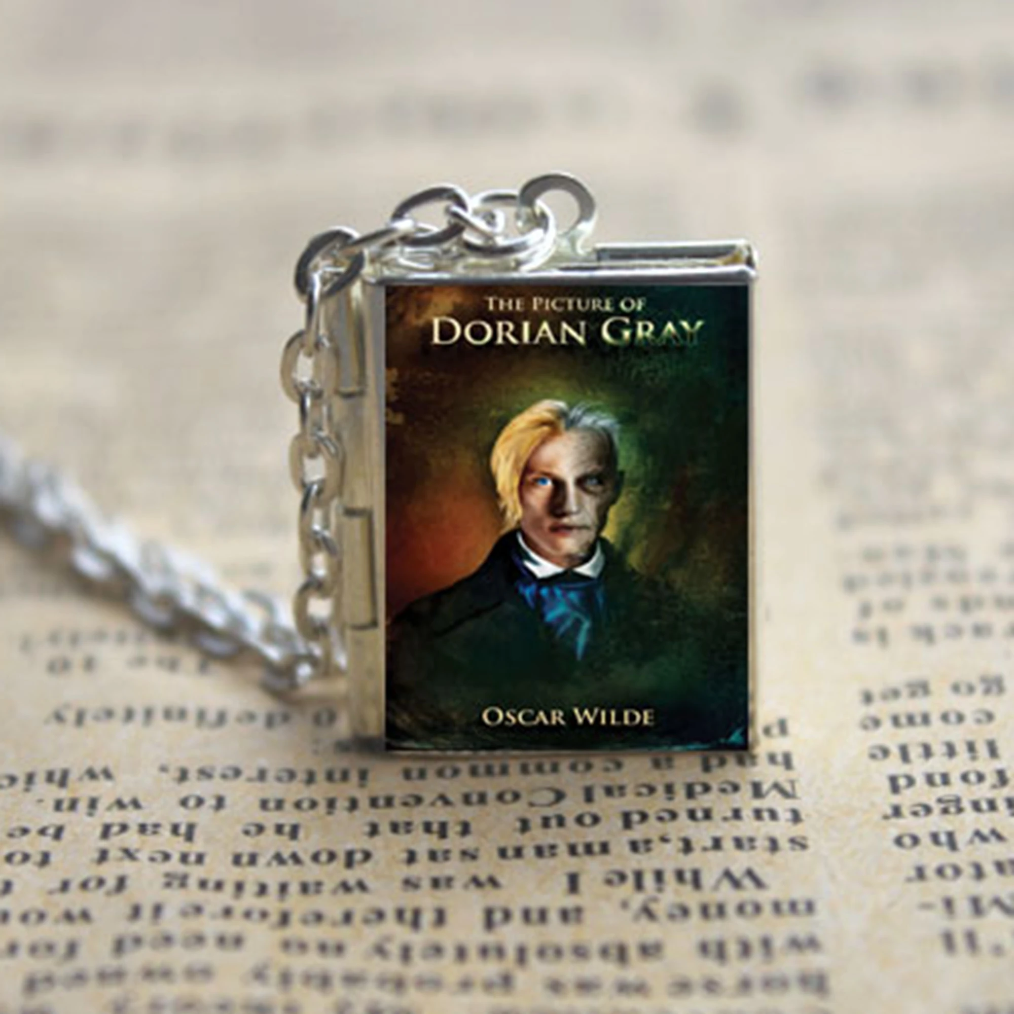 Dorian Gray Book Cover Locket Necklace keyring silver & Bronze tone