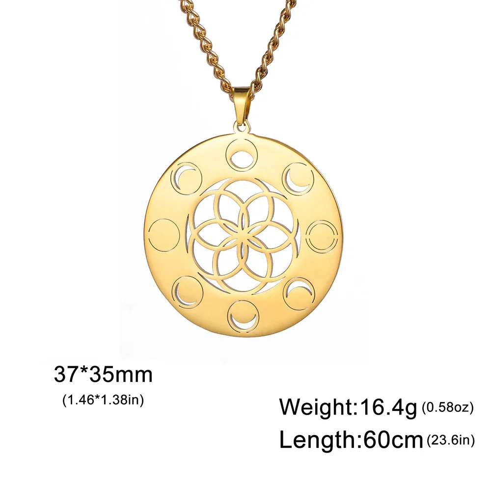 Dawapara Classic Seed of Life Women Necklace Moon Phase Pendant Sacred Geometry Wiccan Lucky Amulet Stainless Steel Jewelry