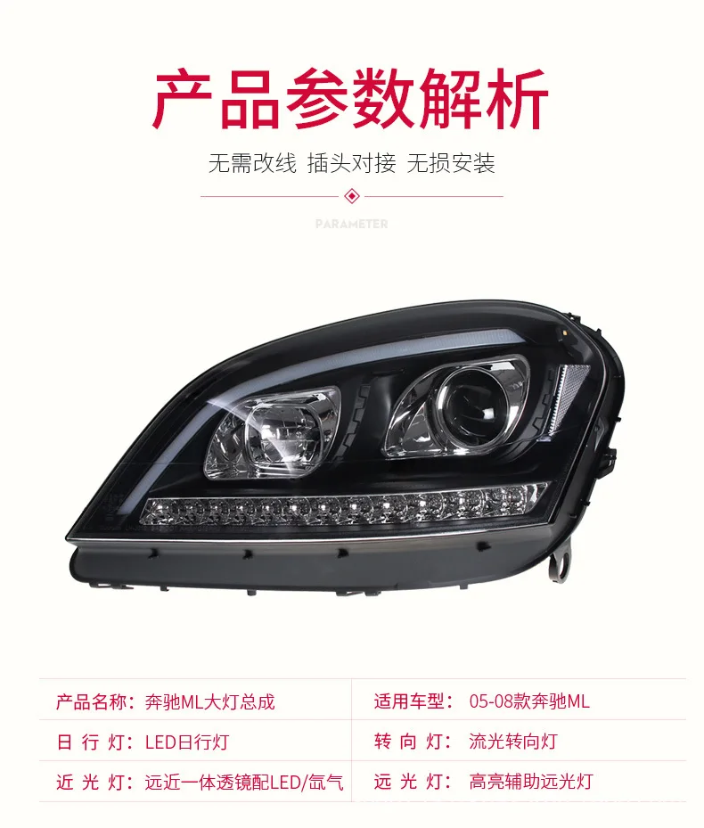 For 05-08 Benz W164 Headlamp Assembly ML350 500 Modified LED Daytime Running Light Headlights Dynamic Turn Signal Front Lamp