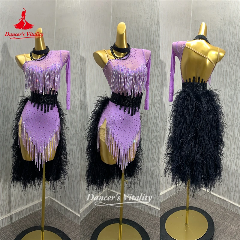 ชุดเต้นรำละตินสำหรับผู้ใหญ่ ดีไซน์ขนนกกระจอกเทศ สำหรับการแสดงและแข่งขัน รูมบ้า ชาช่า แซมบ้า จีฟ ชุดมืออาชีพ ตัดเย็บตามสั่ง