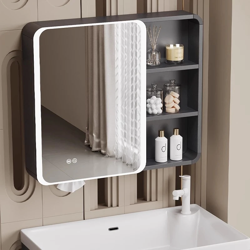 

Circular space aluminum intelligent bathroom mirror cabinet Anti fog strip lamp wall mounted bathroom beauty mirror storage rack