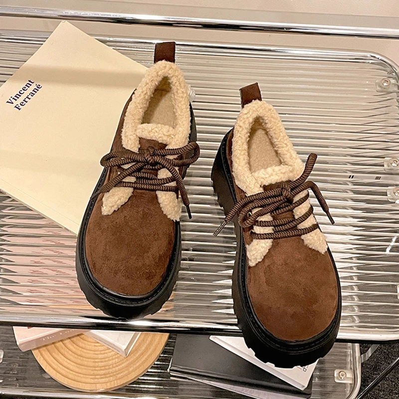 

2026 Winter New Retro Platform Loafers for Women Fur Warm High Heels Lace-Up Cotton Shoes Casual Solid Suede Women Pumps