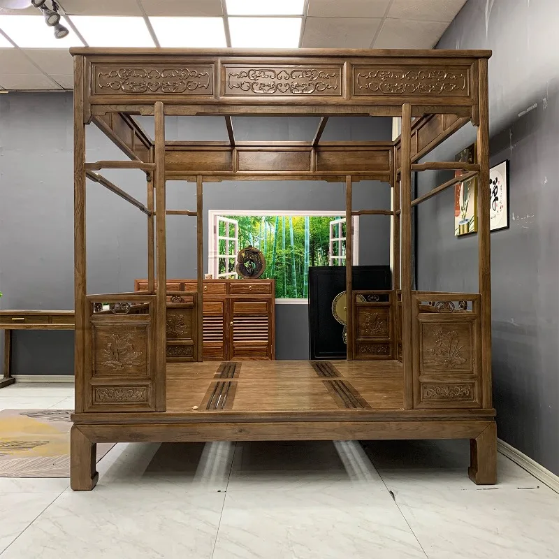 Solid wood shelf bed, new Chinese mortise and tenon four columns, simple and classical, log carved thick pad pull-out double bed