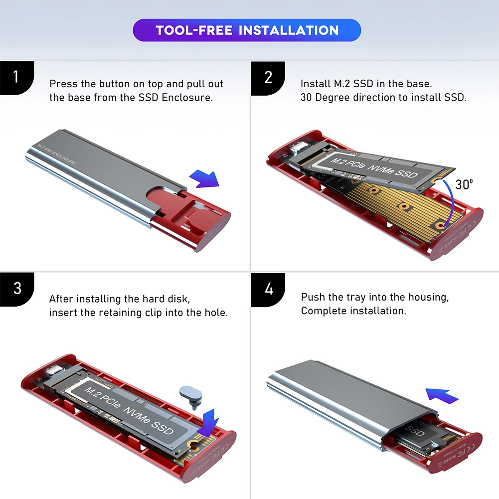 M.2 NGFF NVME SSD Enclosure External Case USB3.1 Gen2 External SSD Case 10Gbps SSD Disk Box for 2230/2242/2260/2280 M2 NVMe SSD