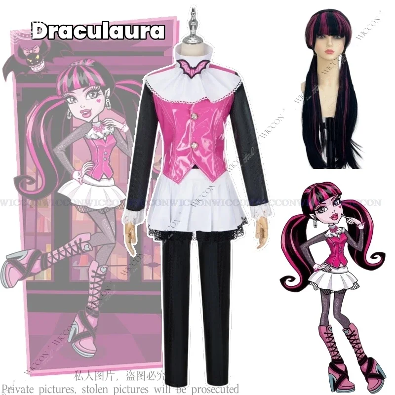 Draculaura Monster Cos Pink Suit Vampiree Draculaura Wig Halloween Costumes Anime Female Cosplay High Full Set Carnival Suit