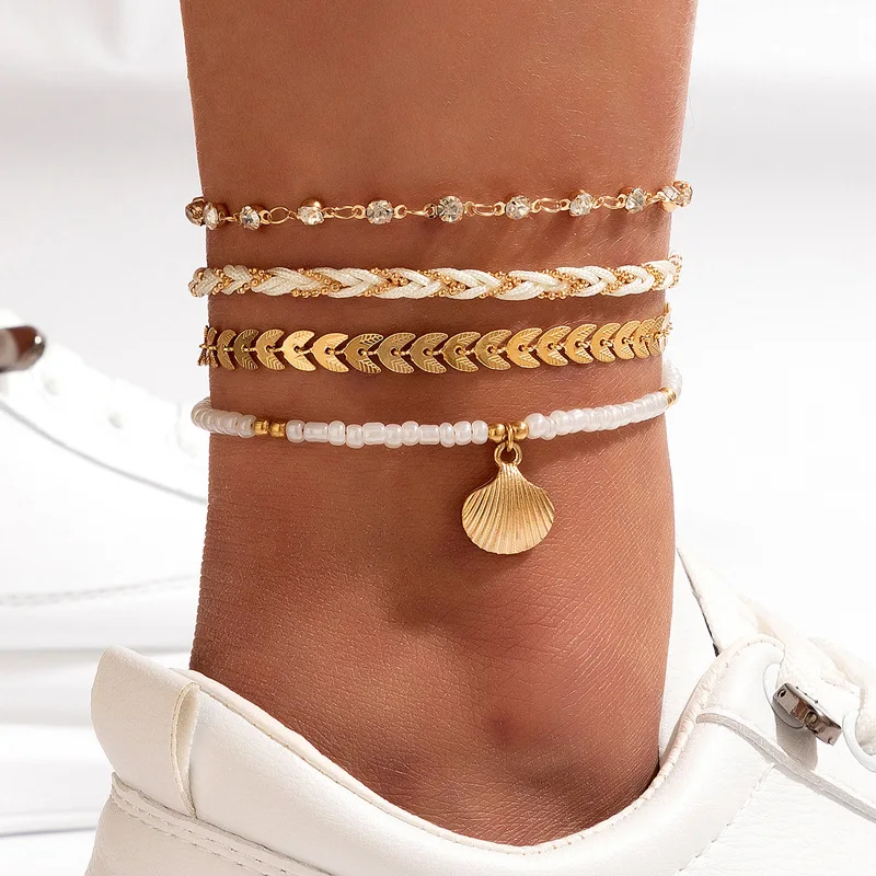 Tocona Colour Beaded Weaving Shell Pendant Anklets for Women Bohemian Leaf Multilayer Foot Chain 4pcs/Set Summer Beach Jewelry