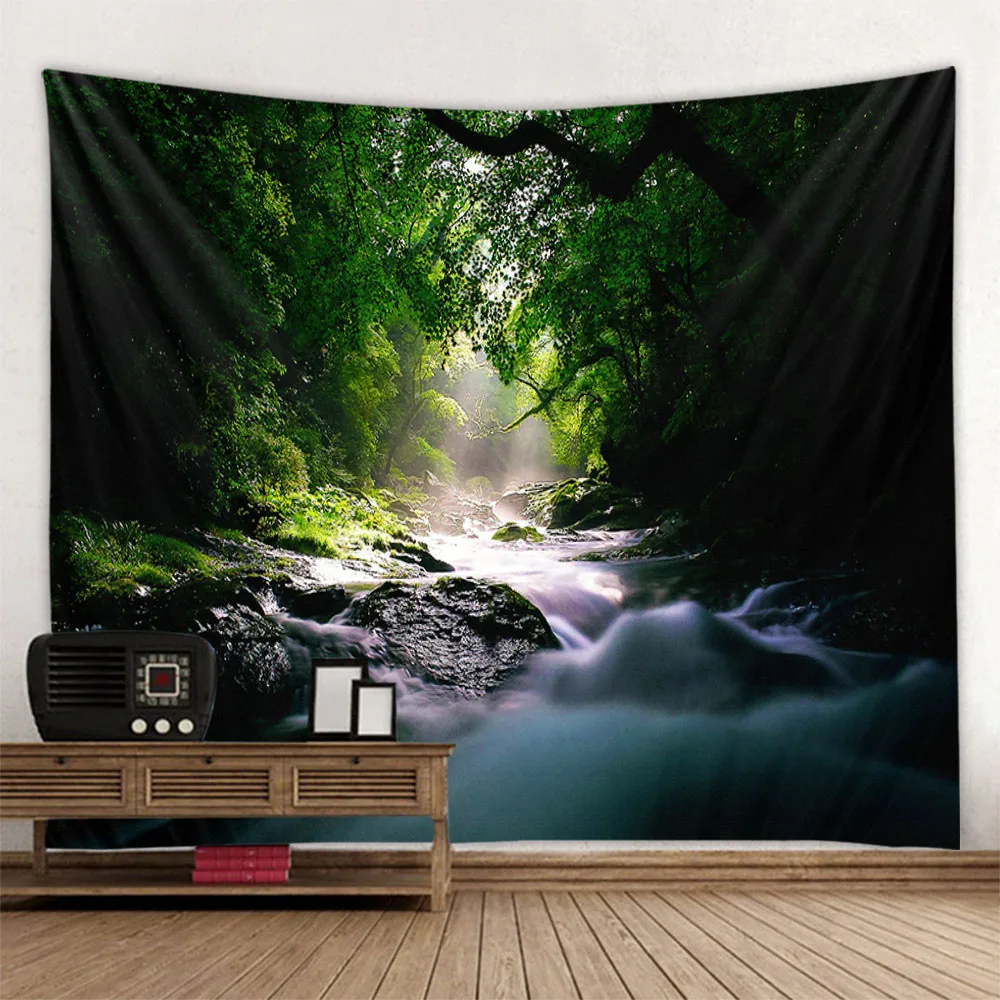 Bohemian style home decoration wall hanging forest waterfall tapestry landscape background cloth bedroom living room dormitory