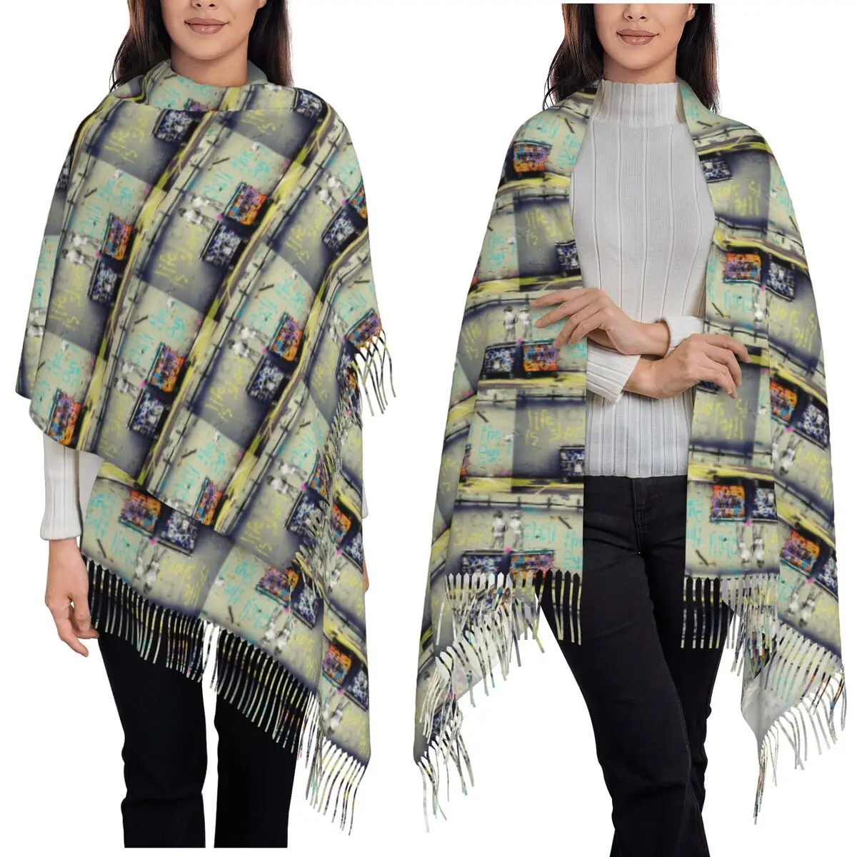 Syal Banksy Street Pop Art Chill The Duck Out dengan Rumbai, Syal Wanita Lembut dan Hangat, Selendang Besar untuk Musim Gugur dan Musim Dingin