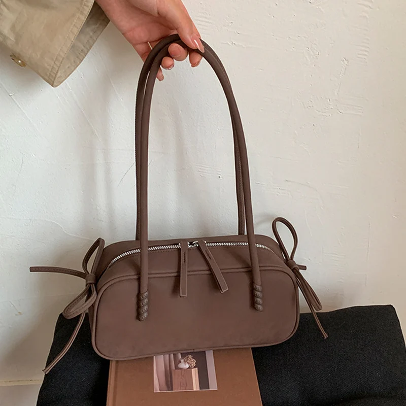 

Elegant Retro Square Bag Korean-style Stylish Bow-decorated Bowling Bag New Versatile Underarm Bag High-quality Suede Casual Bag