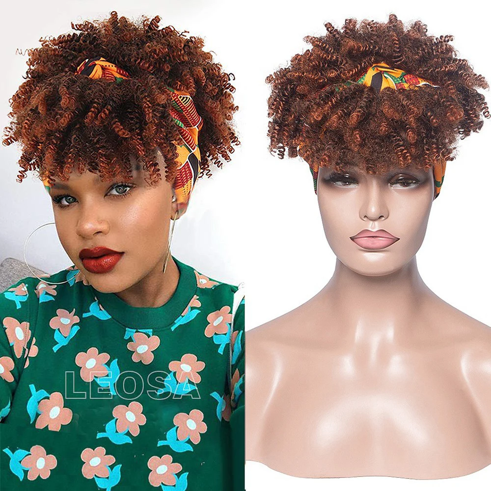 

Glueless Afro Kinky Curly Headband Wig For Black Women Natural Soft Fluffy Short Synthetic Turban Wig with Bangs For Daily Use