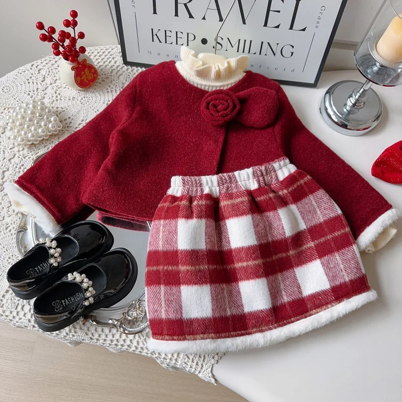 Girls' Chinese Style Winter New Baby Girl New Chinese Style Frayed Coat and Skirt Two-Piece Set