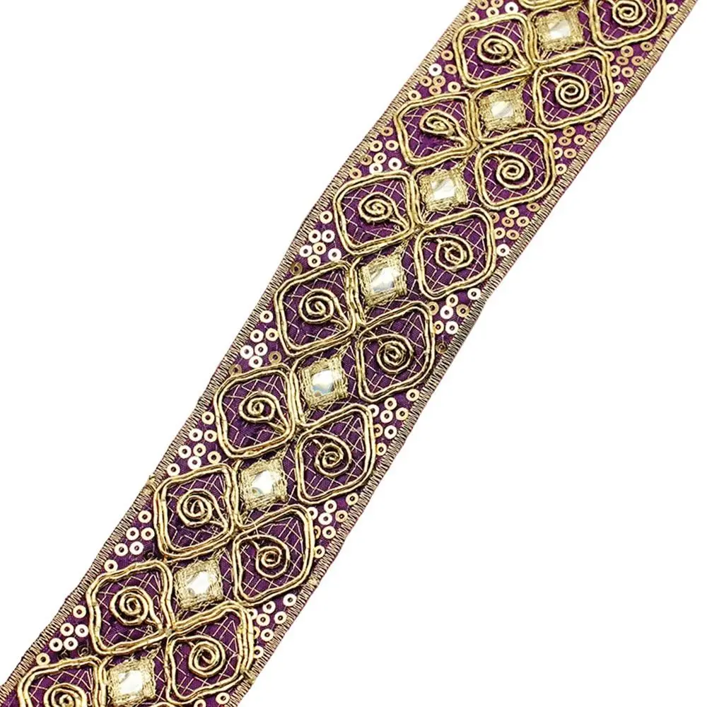 4.5cm Wide Embroidered Lace Webbing Handmade 10 Yards Ethnic Lace Ribbon Gold Thread Sequins Embroidery DIY Clothing Accessories