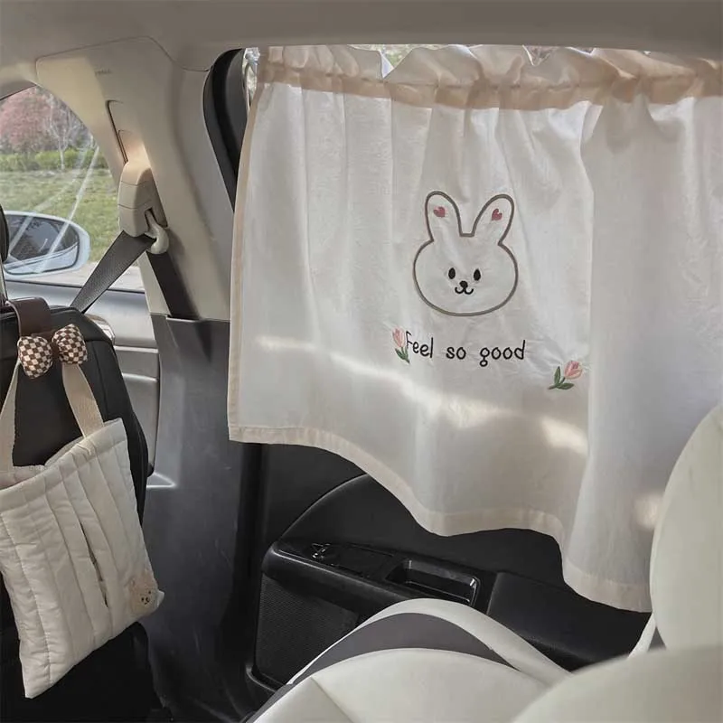 Summer Sun Shade Creamy Color Embroidered Bear Rabbit Car Curtains Children Room Window Blackout Curtain Cartoon Sunscreen