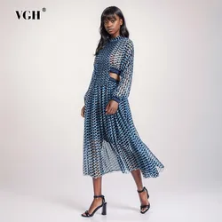 VGH Hit Color Printing Hollow Out Dresses For Women Stand Collar Long Sleeve High Waist Spliced Zipper Backless Dress Female New