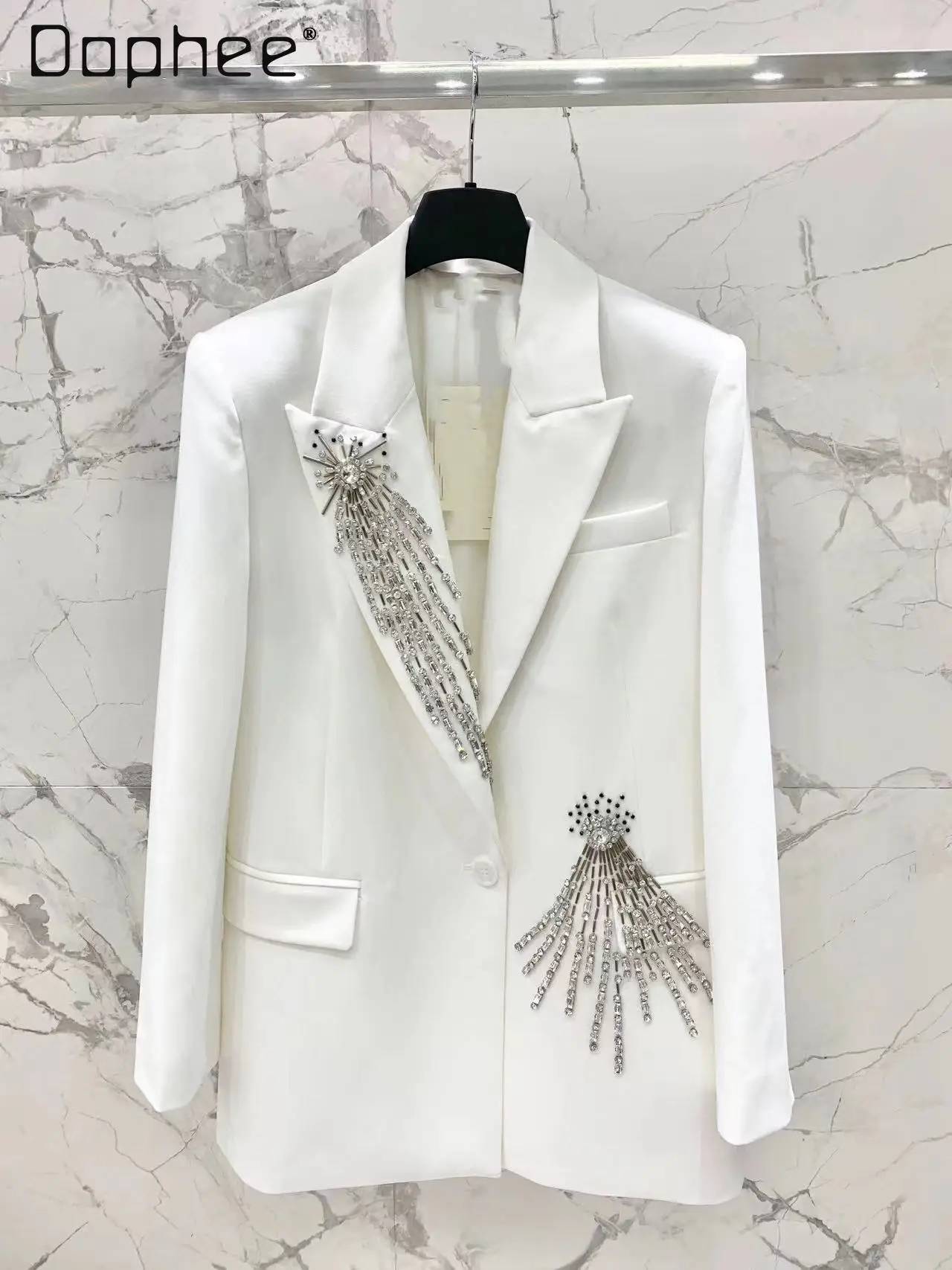 

Socialite Diamond White Suit Jacket for Women 2024 Spring and Autumn New Loose Casual Women Exquisite Rhinestones Blazers Coat