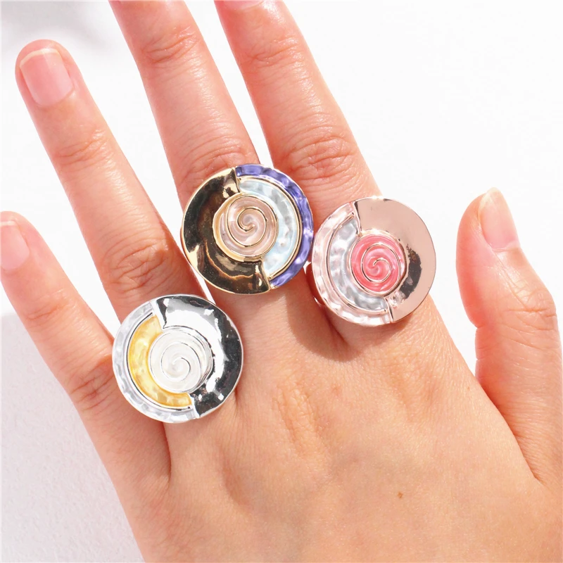 HangZhi Vintage Round Colorful Rose Wheel Large Ring Statement Elastic Adjustable Chunky Enamel Jewelry 2024 New