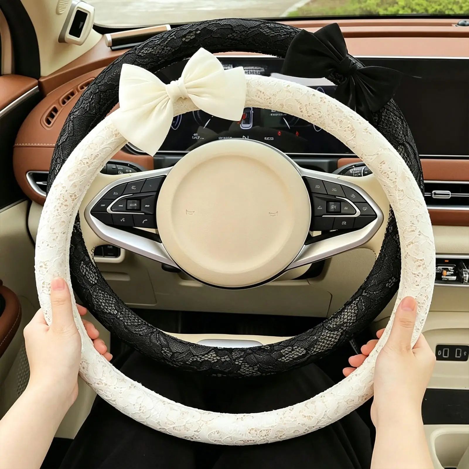 Car Wheel Cover 15 Inches Lace Pattern Interior Decor Steering Cover With Bow For SUV Truck Road Trip Daily Commute Long Drive view 2
