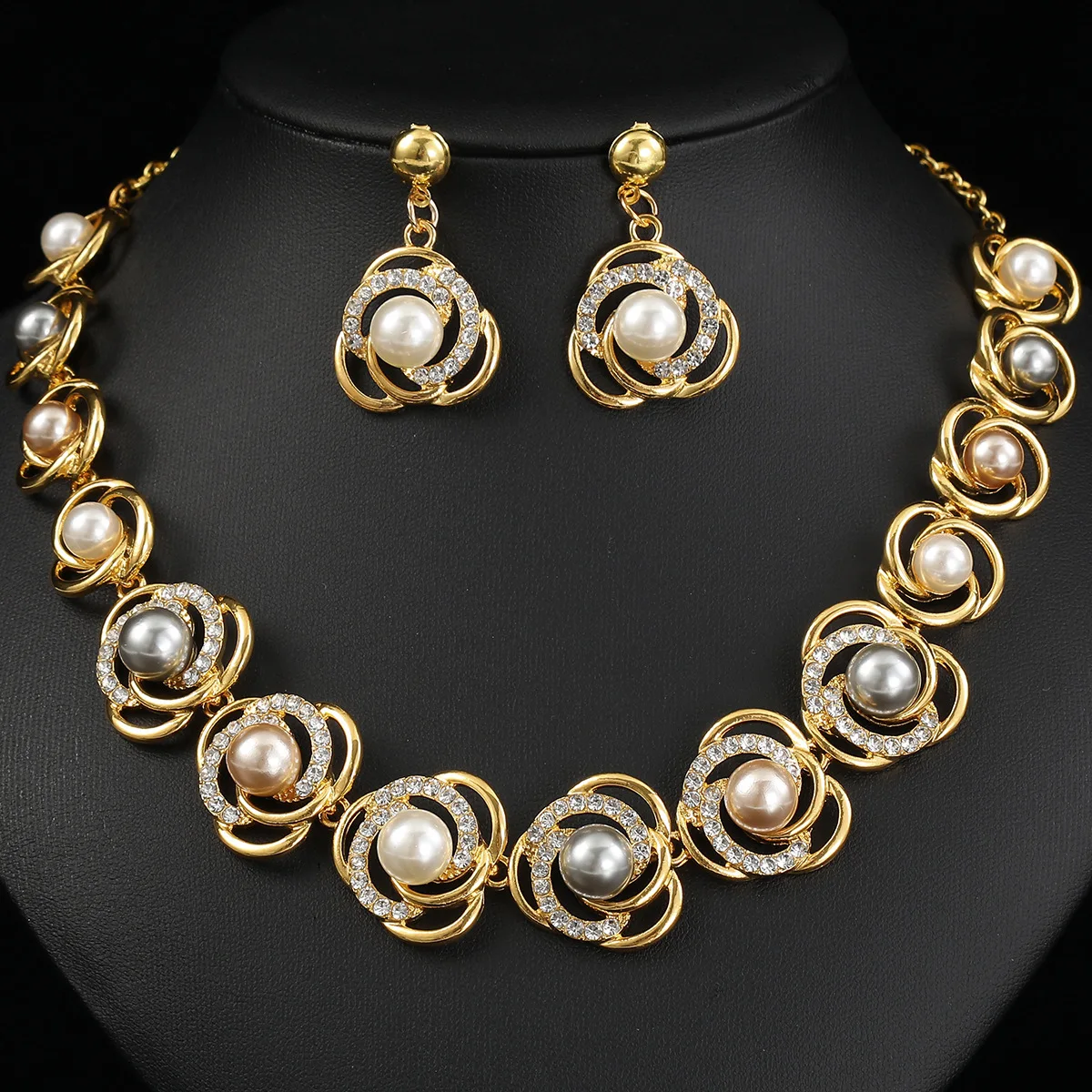 Women Shiny CZ Multi Color Imitation Pearl Jewelry Sets Female Noble Grace Engagement Wedding Party Necklace Earrings Jewelry