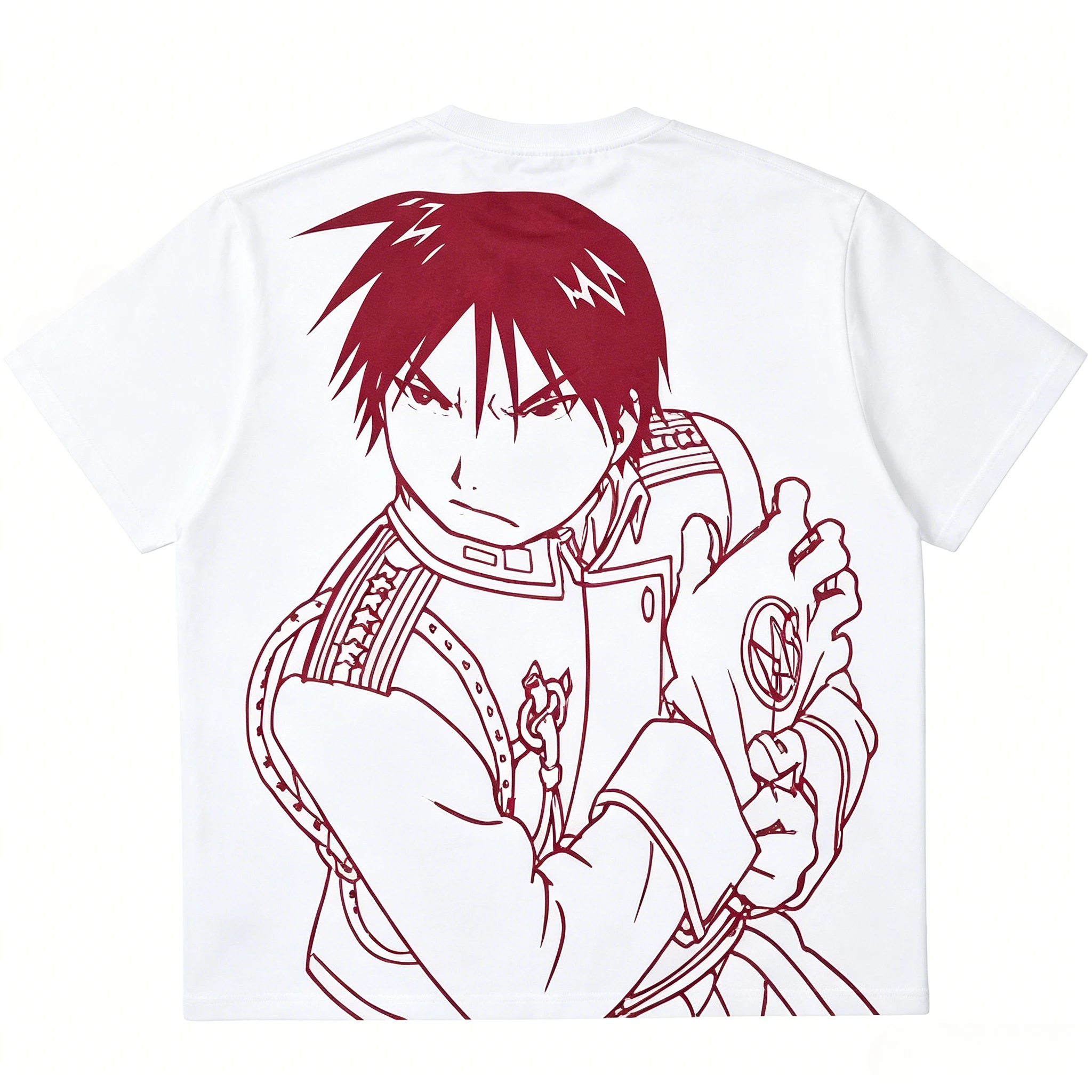 Anime Fullmetal Alchemist Roy Mustang Back Large Print T-shirt Red Line Sketch Design Sleeve Symbol Print Men Casual Cotton