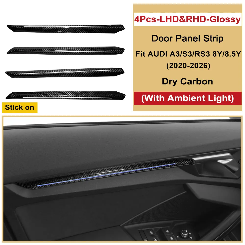 

Fit Audi A3 S3 RS3 8Y 8.5Y 2020-2026 Dry Carbon Fiber Door Panel Trim Strips 4Pcs LHD RHD Stick On Upgrade Panel Mod Accessories
