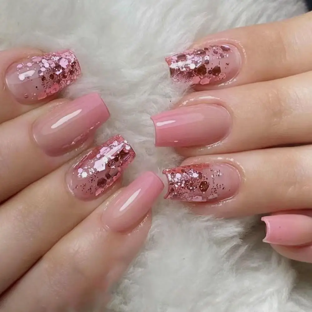 24 Stks/doos Gradiënt Roze Nagel Tips Afneembare Glitter Nep Nagels Lange Ballerina Valse Nagels Volledige Cover Pers Op Nagels Vrouwen Geschenken