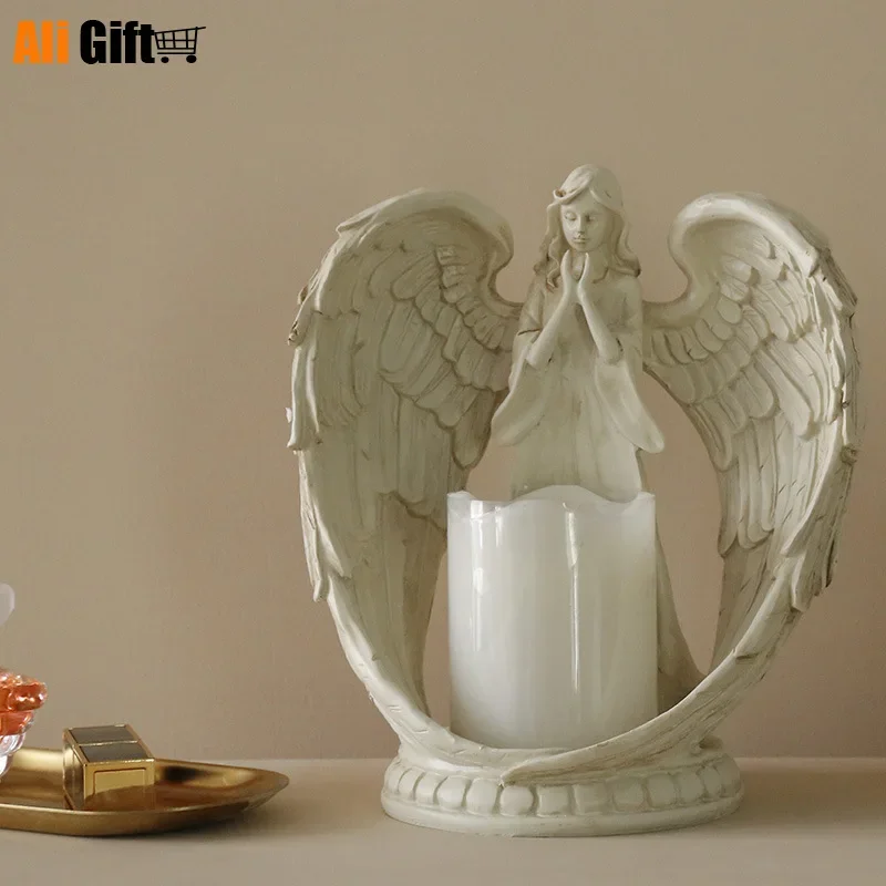 Resin Angel Candle Holder, Nordic Style Electronic Candlestick for Living Room Bedroom TV Cabinet Atmosphere Decor