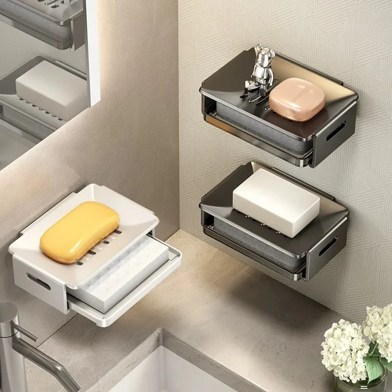 

Bathroom Punch-free Soap Dish Holder Wall-mounted Soap Box Aluminum Soap Dish with Sponge Bathroom Shelf Storage Organizer