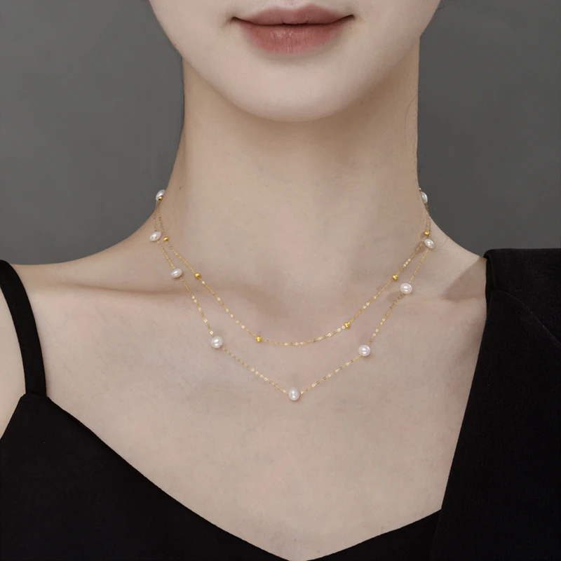 

NYMPH Real 18K Gold Natural Akoya Pearl Necklace Au750 Fine Jewelry Chocker Aniversary Gift For Women Double Layber X615