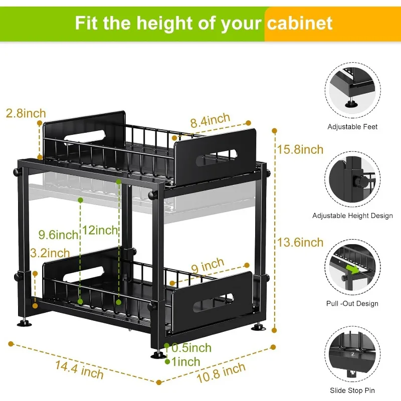 Organizadores de Cozinha e Armazenamento com Correr, 2-Tier, Pull Out Cabinet Organizer, Altura Ajustável, Metal Rack