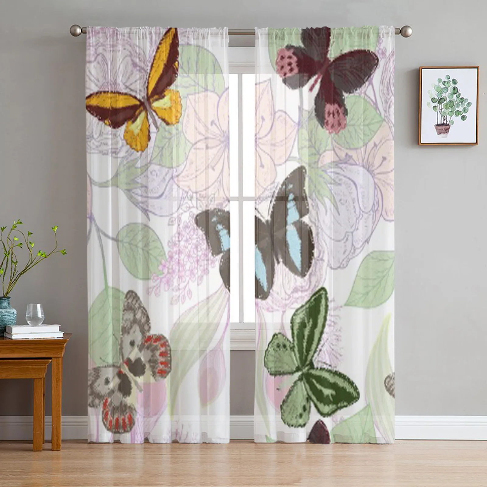 Flowers And Butterflies Tulle Sheer Curtains for Living Room the Room Bedroom Kitchen Decoration Voile Organza Curtains