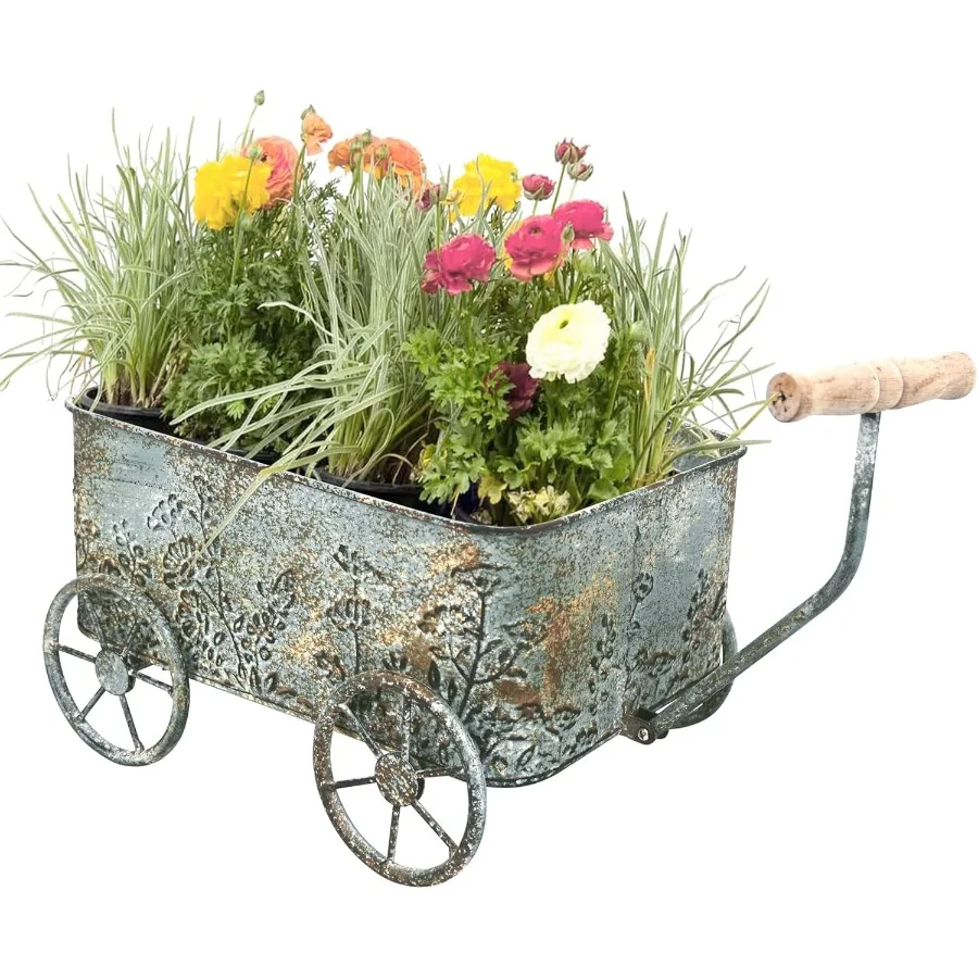 

Flower Cart with Wooden Handles Metal Wagon Planters for Outdoor Plants Garden Planter with Wagon Wheels Drative Wheelbarrow Pl