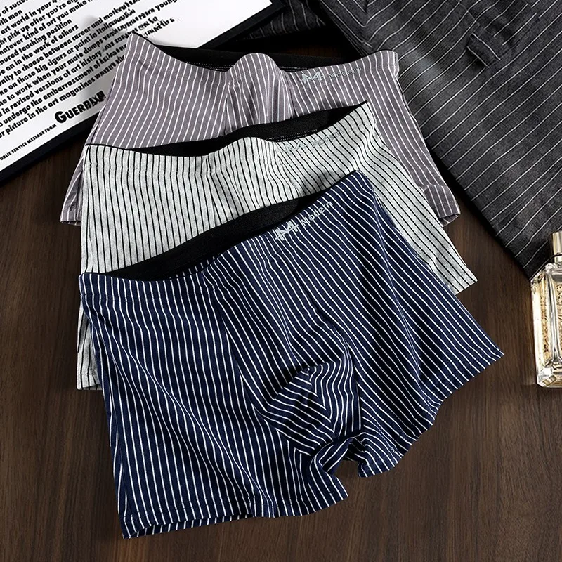4PCS Men's Underwear Cotton Soft and Comfortable Middle Waist Graphene Antibacterial Striped Boxer Shorts Men