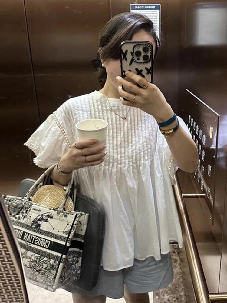 Chic été ample rond Ne plissé Ba bouton unique Fly Sve irt haut pour femme trajet Sle ort Sve