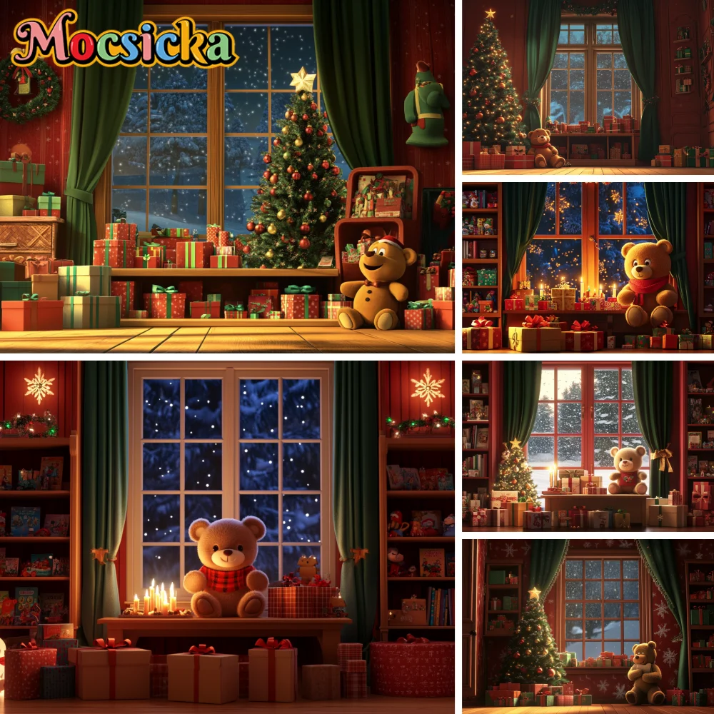 

Winter Christmas Toy Store Photography Backdrop Night Window Glitter Decor Baby Birthday Kids Portrait Photo Background