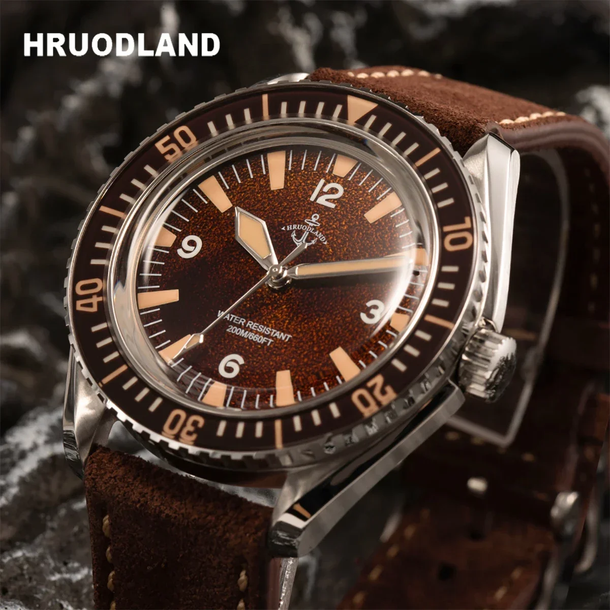 Hruodland F025 Retro Sport Men Watches HZ2565 Automatic Mechanical Stainless Steel Brown Leather Strap Diving Wristwatch