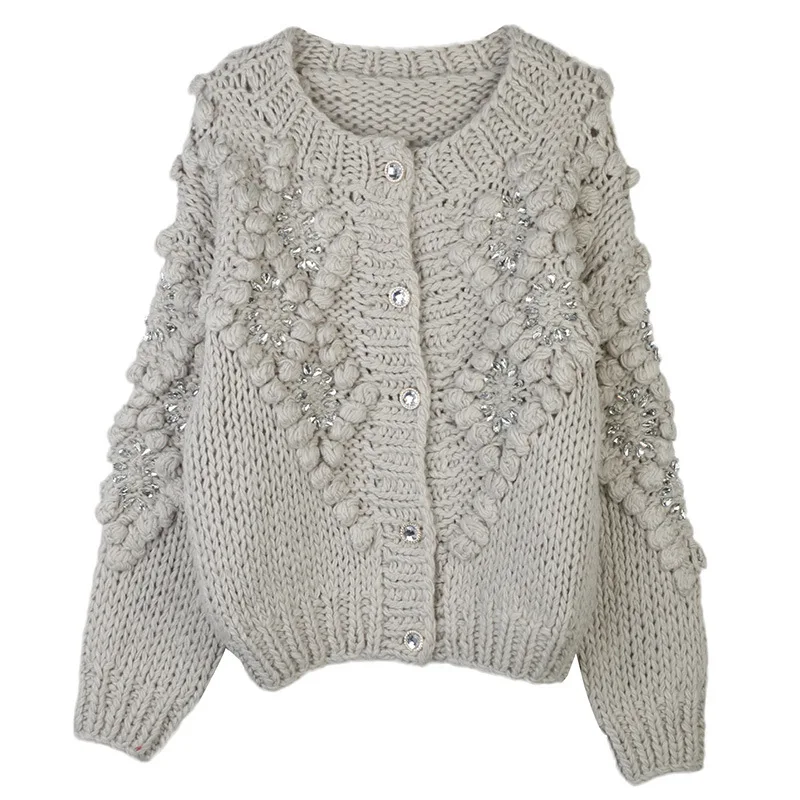 

Grey Knitted cardigan jacket women Retro 2025 autumn/winter casual loose lazy Hook flower round neck long sleeved basic Simple