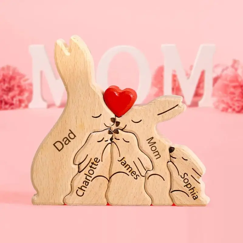 2025 New Wooden Rabbit Family Puzzle Engraved Family Name Puzzle, Personalized Rabbit Family Gift for Mom Father Kids Friends