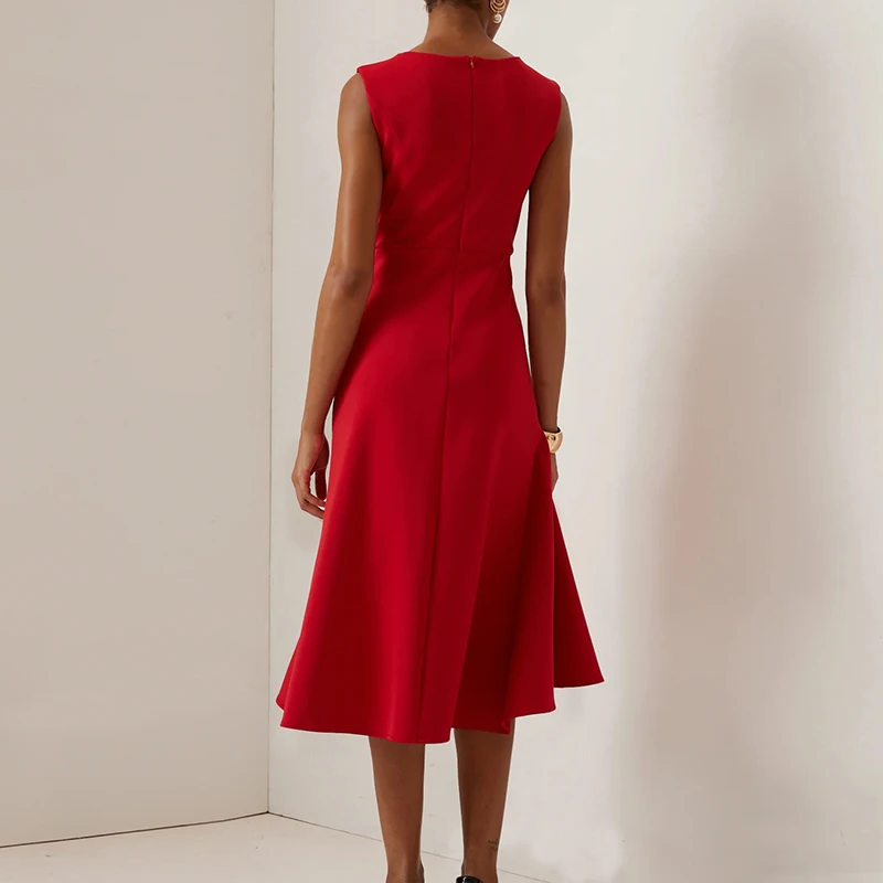 Vestidos 여성 우아한 오 넥 솔리드 통근 드레스 봄 매듭 슬림 프릴 불규칙 드레스 여름 민소매 a 라인 파티 드레스