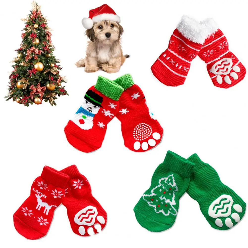 4Pcs Pet Ankle Socks Christmas Series Pattern Anti-skid Good Elasticity Cartoon Pet Cotton Short Socks for Holiday