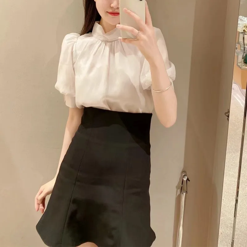 

Spring Summer Stand Collar Half High Collar Bow Tie Ogees Bubble Short Sleeve Shirt Top Printed Loose Fit Women's Blouse