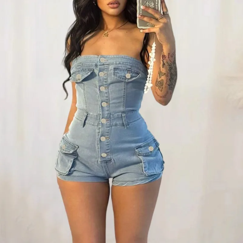 

Sexy Strapless Pockets Design Buttoned Denim Playsuits Women Rompers Short Jumpsuit One Piece Overalls Outfit