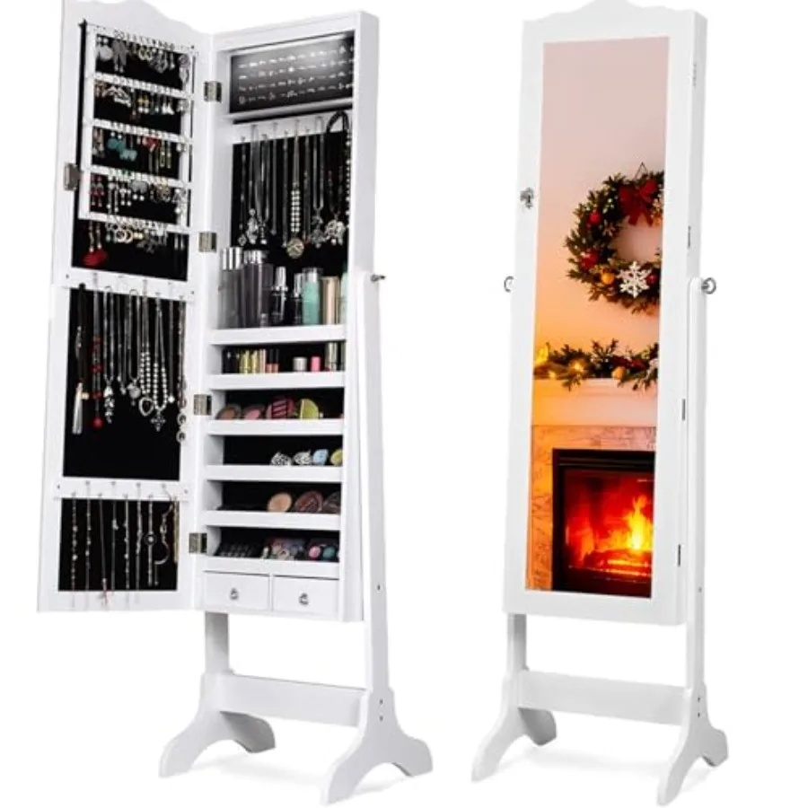

Jewelry Armoire Mirror with Jewelry Storage 14 LED Lights Jewelry Organizer Standing Lockable Jewelry Cabinet with Full Length